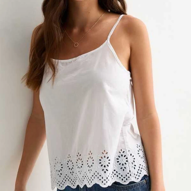 Based Style Women's Lightweight Cotton Adjustable Strap Solid Embroidered-Trim Regular Vest Top